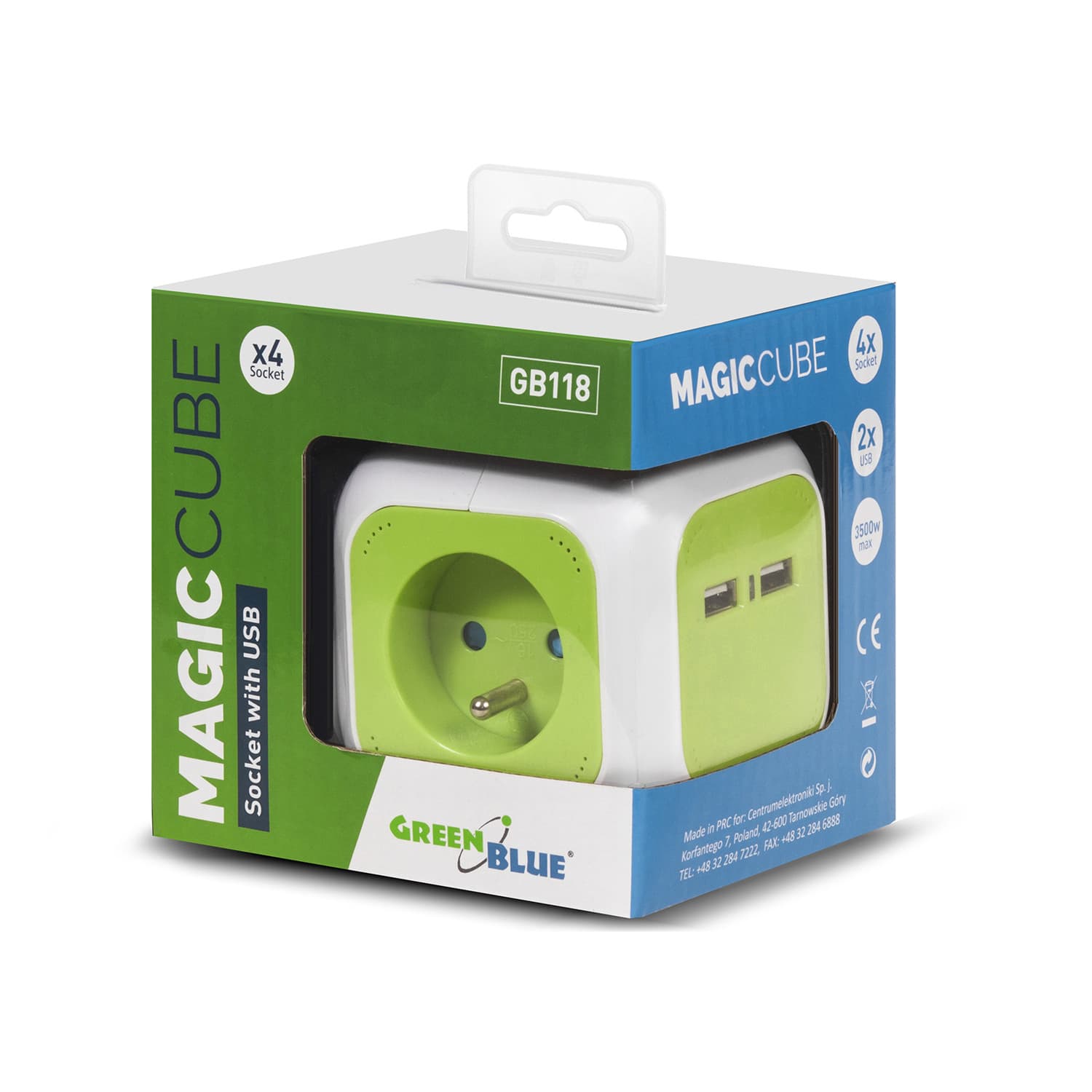 GreenBlue GB118 MagicCube raztegljiva vtičnica, 4xAC, 2xUSB (2.1A), 1.4m kabel 4