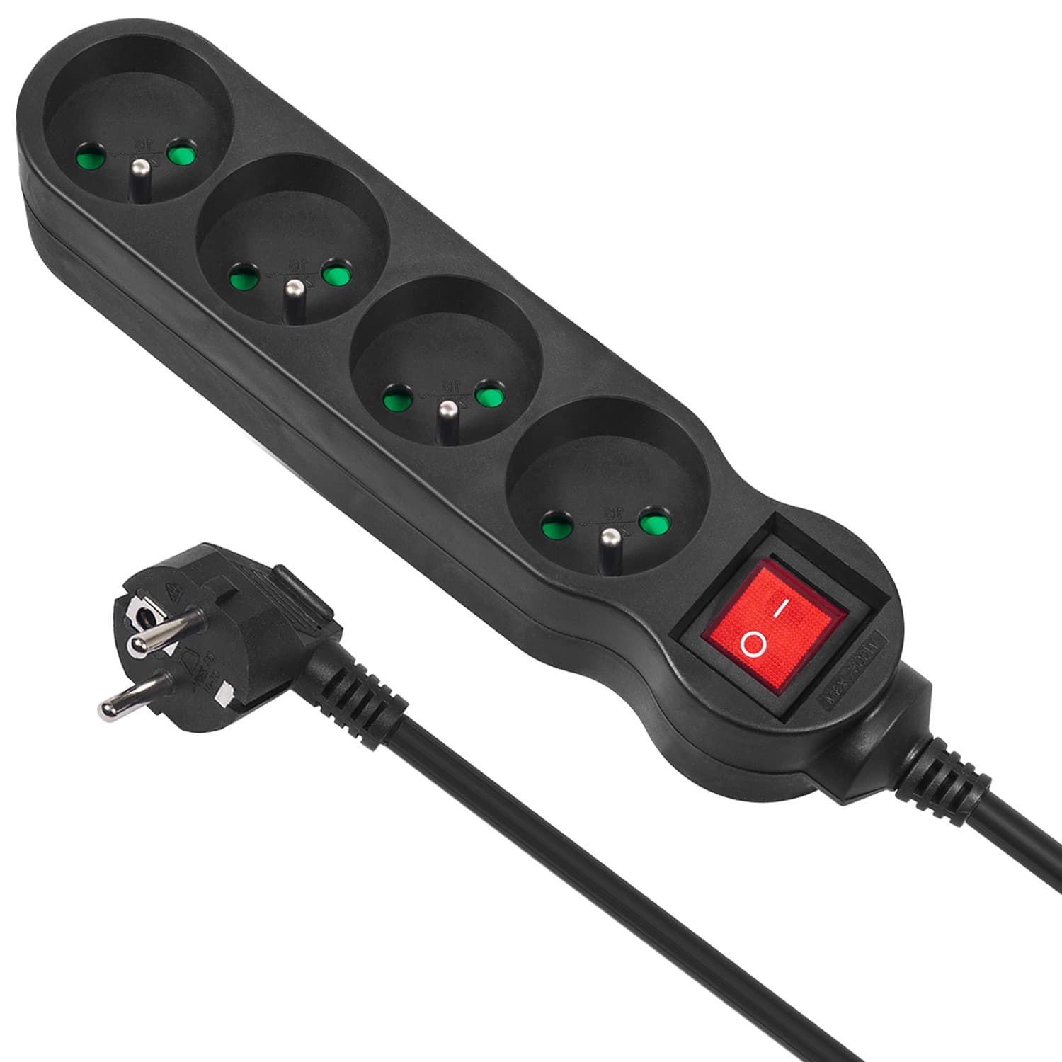 Maclean napajalni trak, 4 vtičnice z izklopom, črn, 2300W, 3m