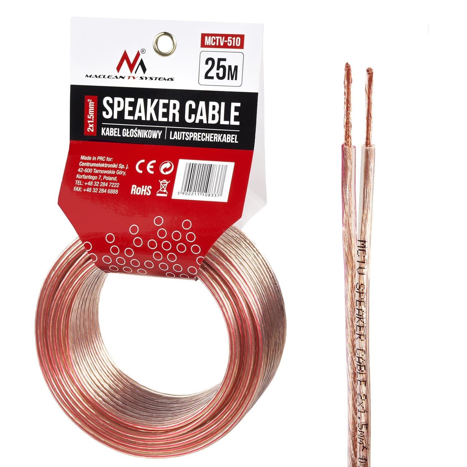 Zvočniški kabel Maclean, 2x1.5mm², 25m, prozoren