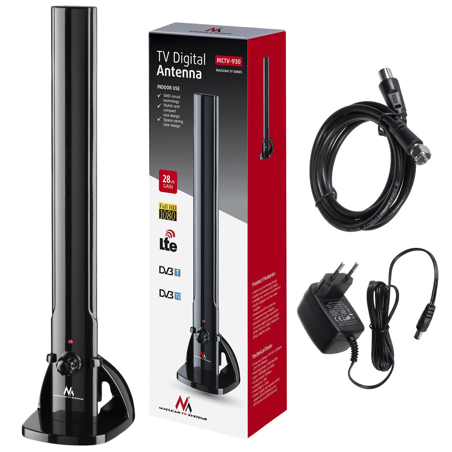 Notranja TV antena Maclean MCTV-930 DVB-T/T2 HEVC, tubasta, LTE, 5G filter