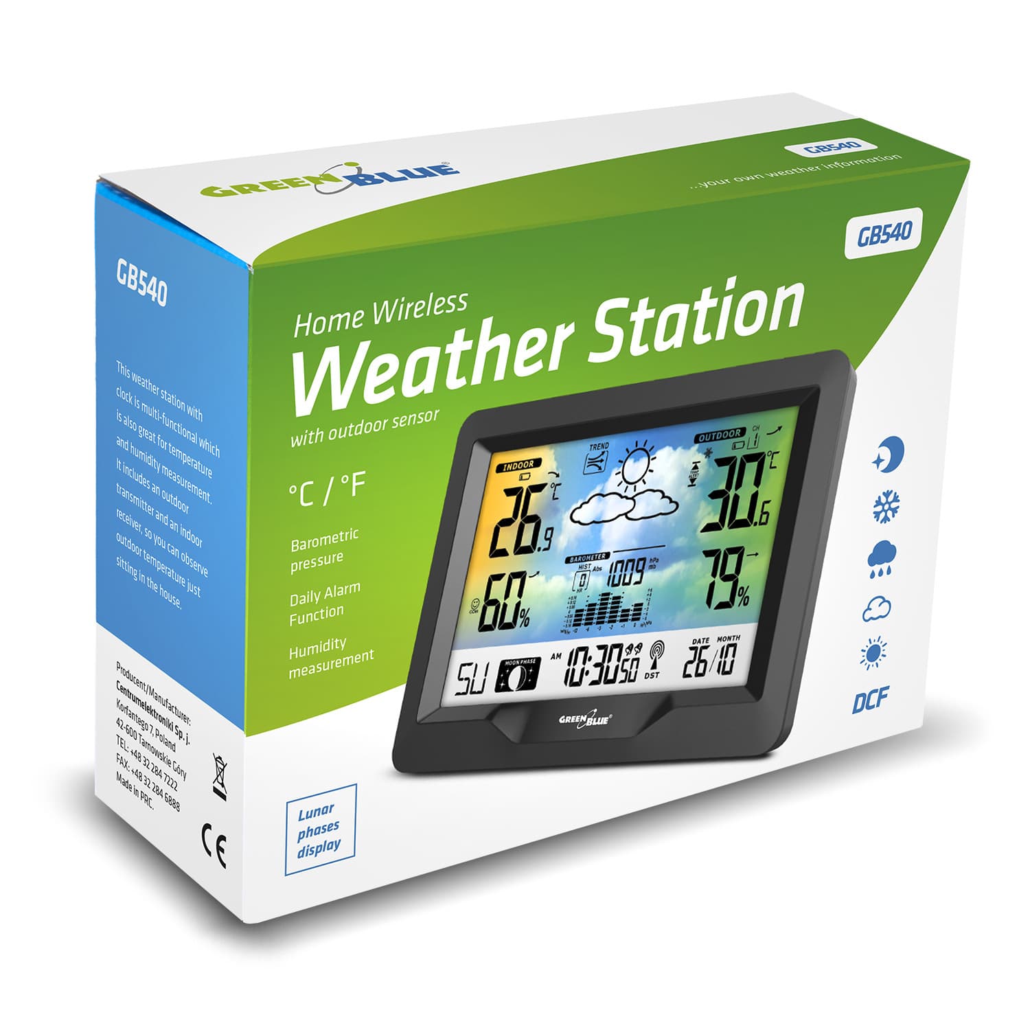 Brezžična vremenska postaja GreenBlue, barvna, DCF, barometer, GB540 2