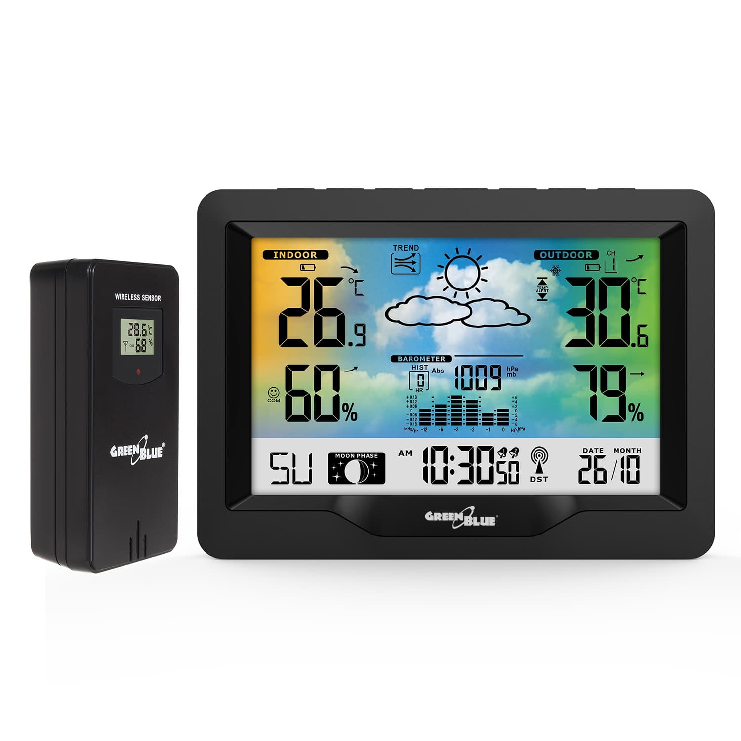 Brezžična vremenska postaja GreenBlue, barvna, DCF, barometer, GB540 4