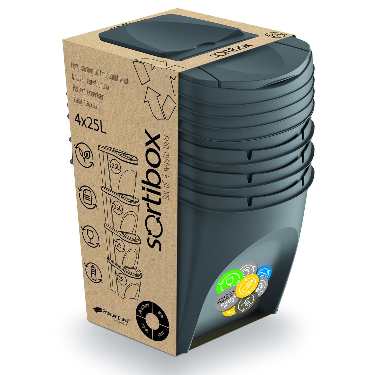Prosperplast Sortibox komplet košar za odpadke 4x25L, sive 4