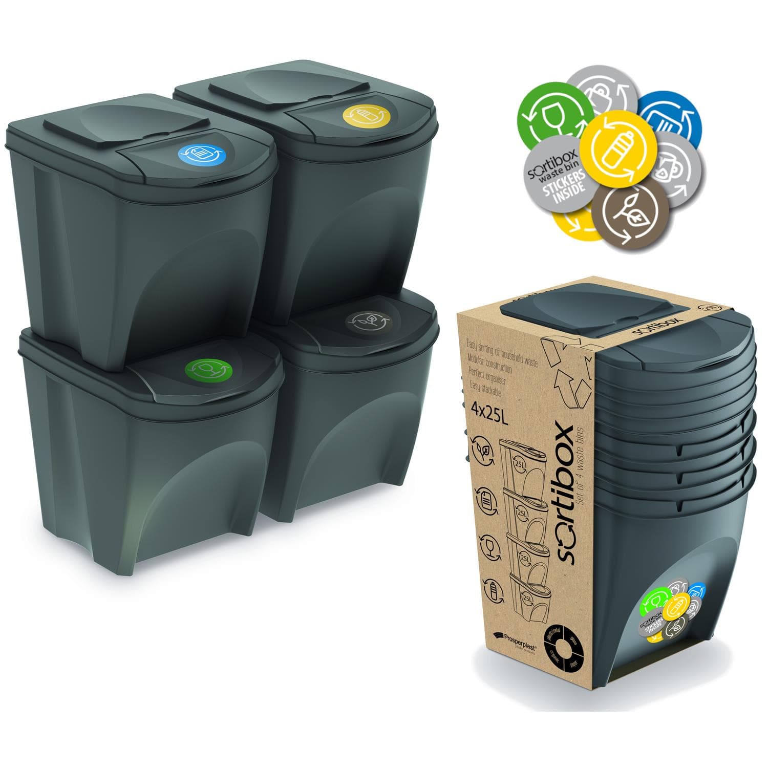 Prosperplast Sortibox komplet košar za odpadke 4x25L, sive