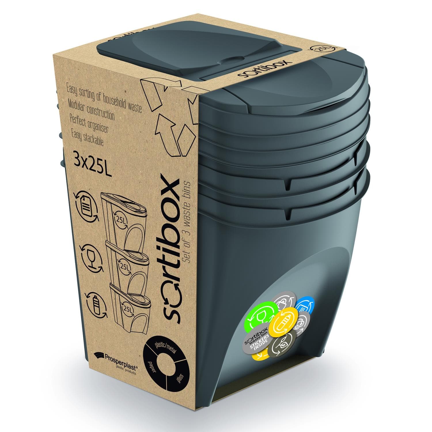 Prosperplast Komplet košev za ločevanje Sortibox, 3x25L, sive 4
