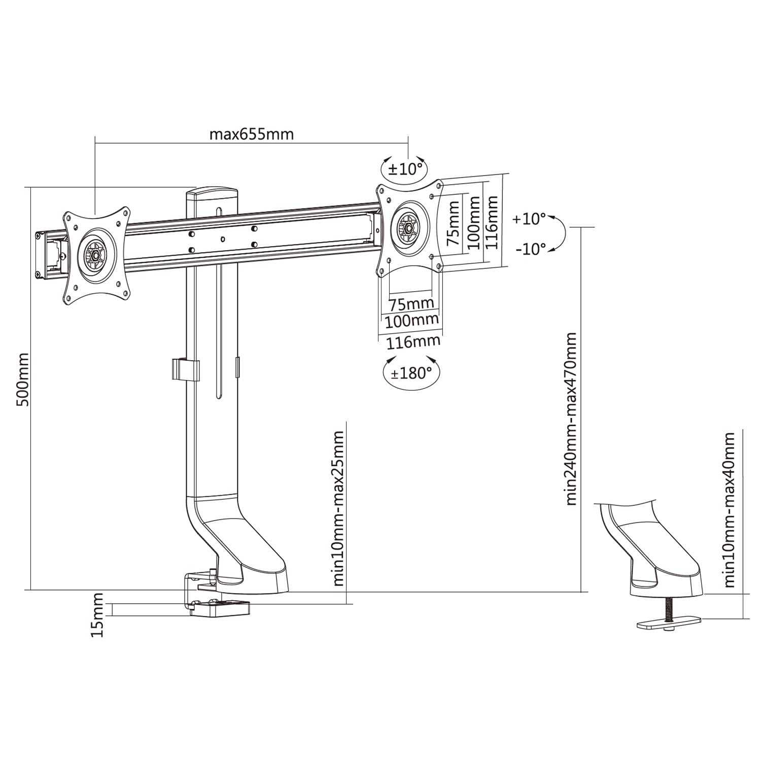 Maclean MC-854 dvojni namizni nosilec za monitor, 17"-27", 14kg, VESA 75x75/100x100 7