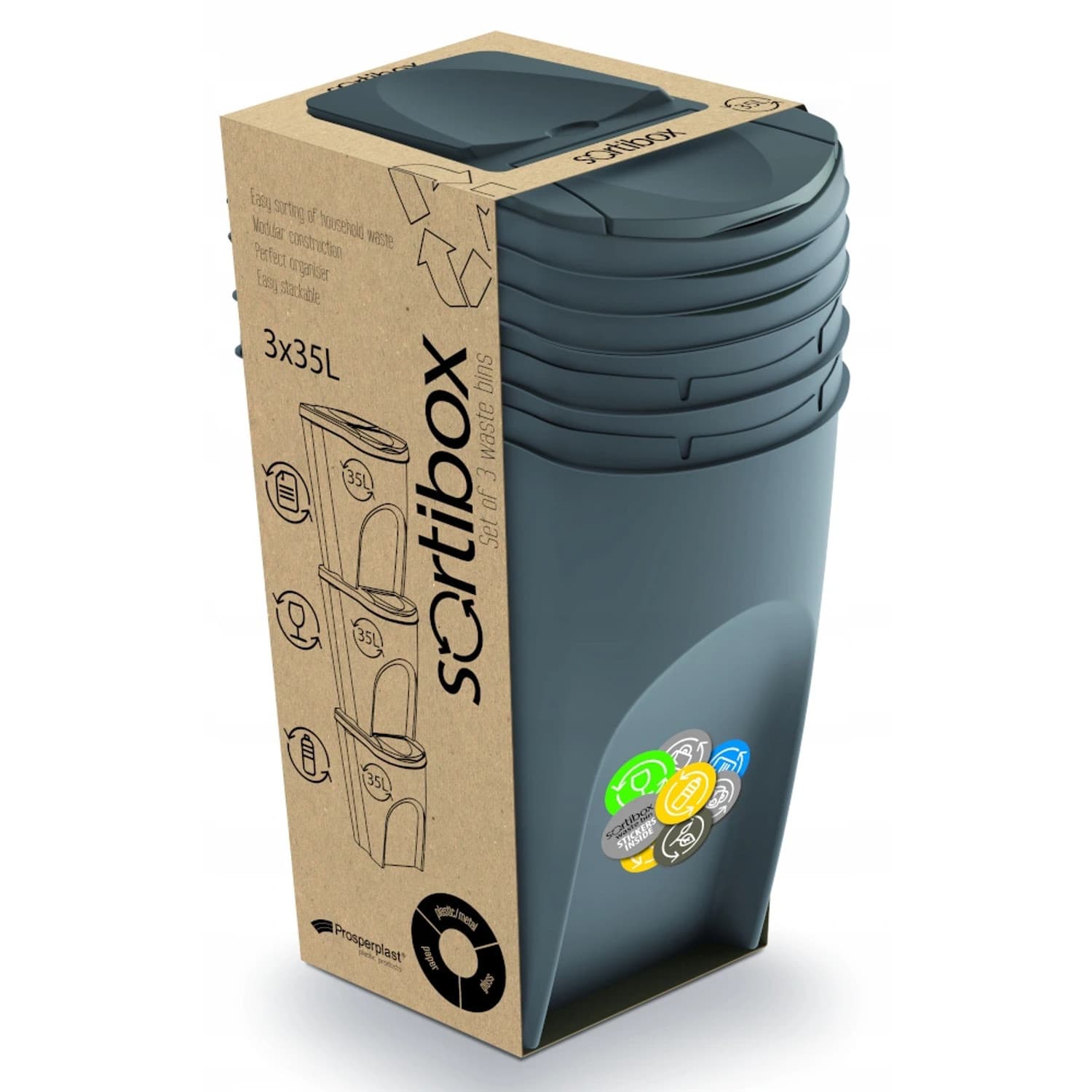 Set za ločevanje odpadkov Sortibox 3x35L sivi 2