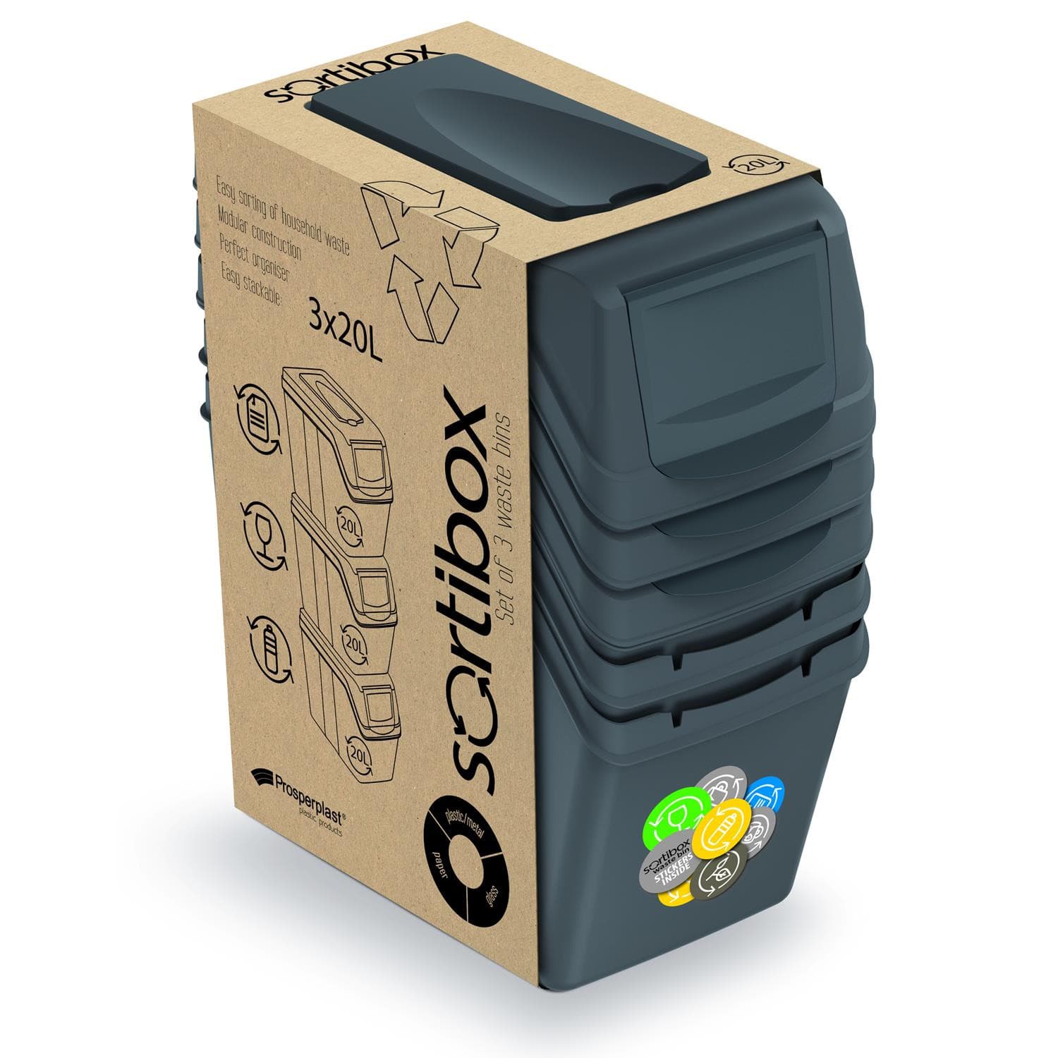 Prosperplast Komplet košev za ločevanje Sortibox, 3x20L, sive 2