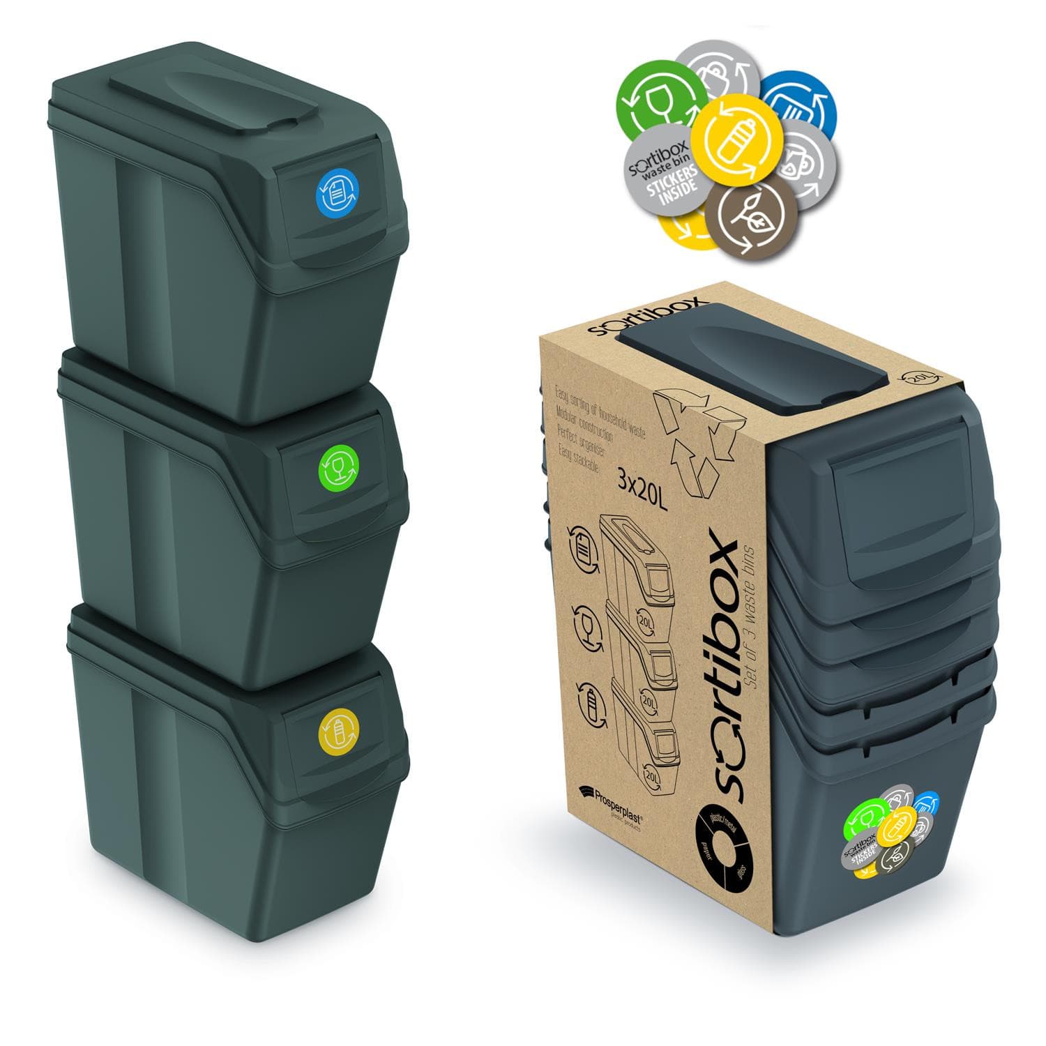 Prosperplast Komplet košev za ločevanje Sortibox, 3x20L, sive 4