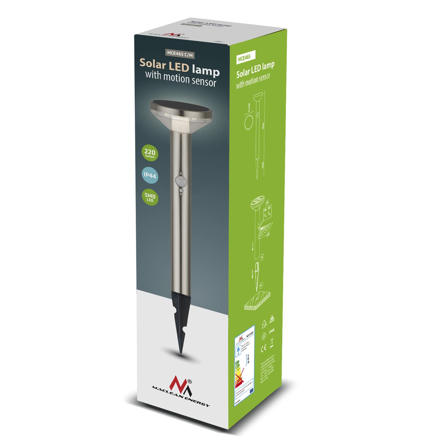 Solarna vrtna LED svetilka Maclean MCE465 C/M, krom mat, z senzorjem, 3 načini 7