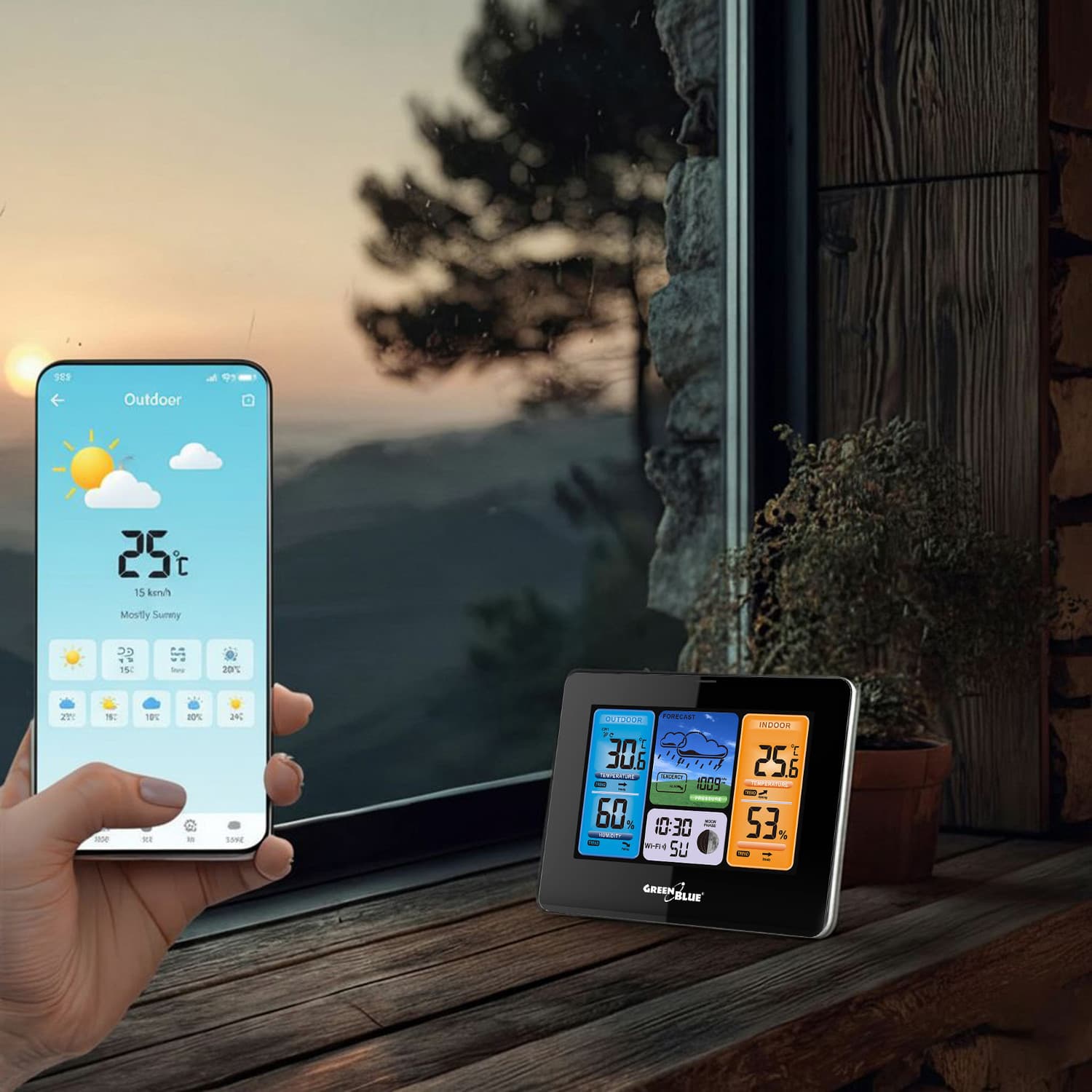 WiFi vremenska postaja GreenBlue s TUYA, barometrom ter napovedjo, GB215 7