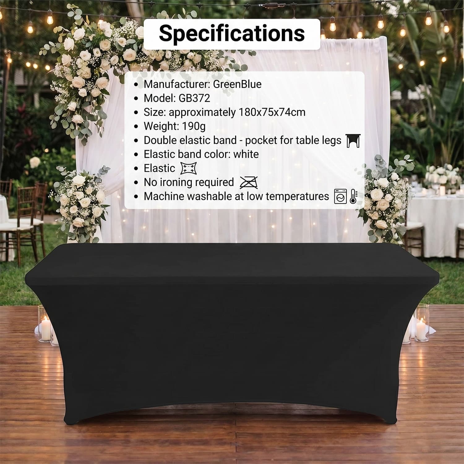 Prilagodljiv prt za catering mize GreenBlue, 180x75x74cm, črn, Spandex 7