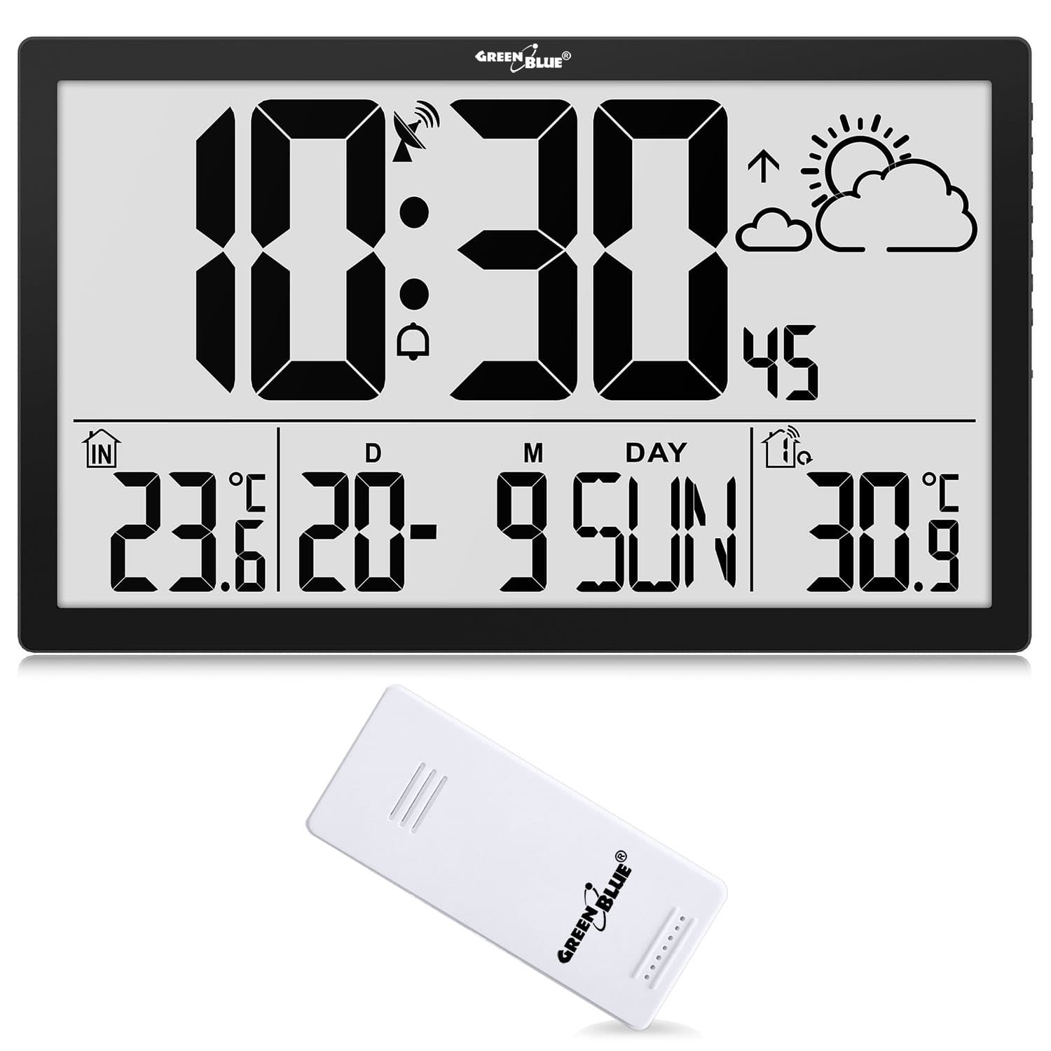 GreenBlue GB218 Velika LCD stenska ura s postajo za vremensko napoved