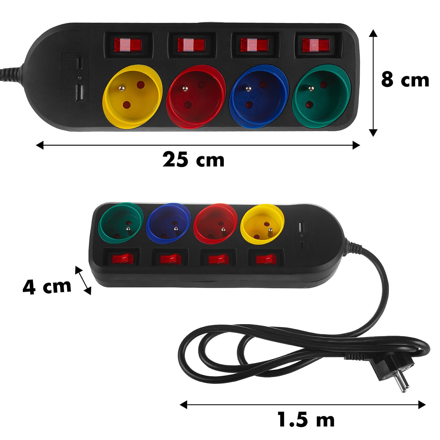 Maclean podaljšek 4 vtičnice + USB A/C, s stikali, 1.5m, črn 6