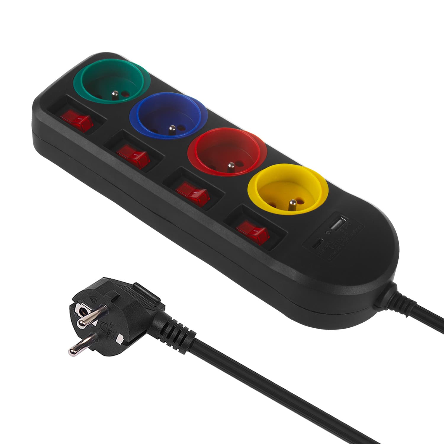 Maclean podaljšek 4 vtičnice + USB A/C, s stikali, 1.5m, črn