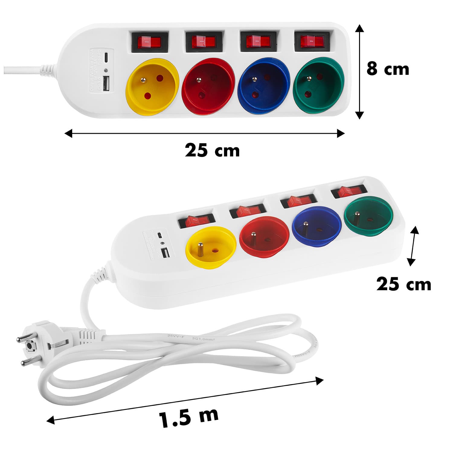 Podaljšek Maclean, 4x 230V + USB A/C vtičnice, stikala, 1.5m, bel 6