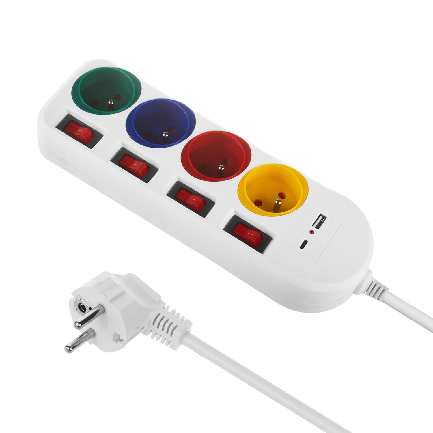 Podaljšek Maclean, 4x 230V + USB A/C vtičnice, stikala, 1.5m, bel