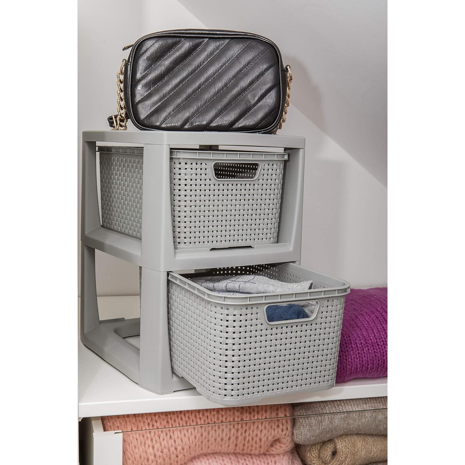 Regal z 2 košarama BranQ Rattan, siv 3