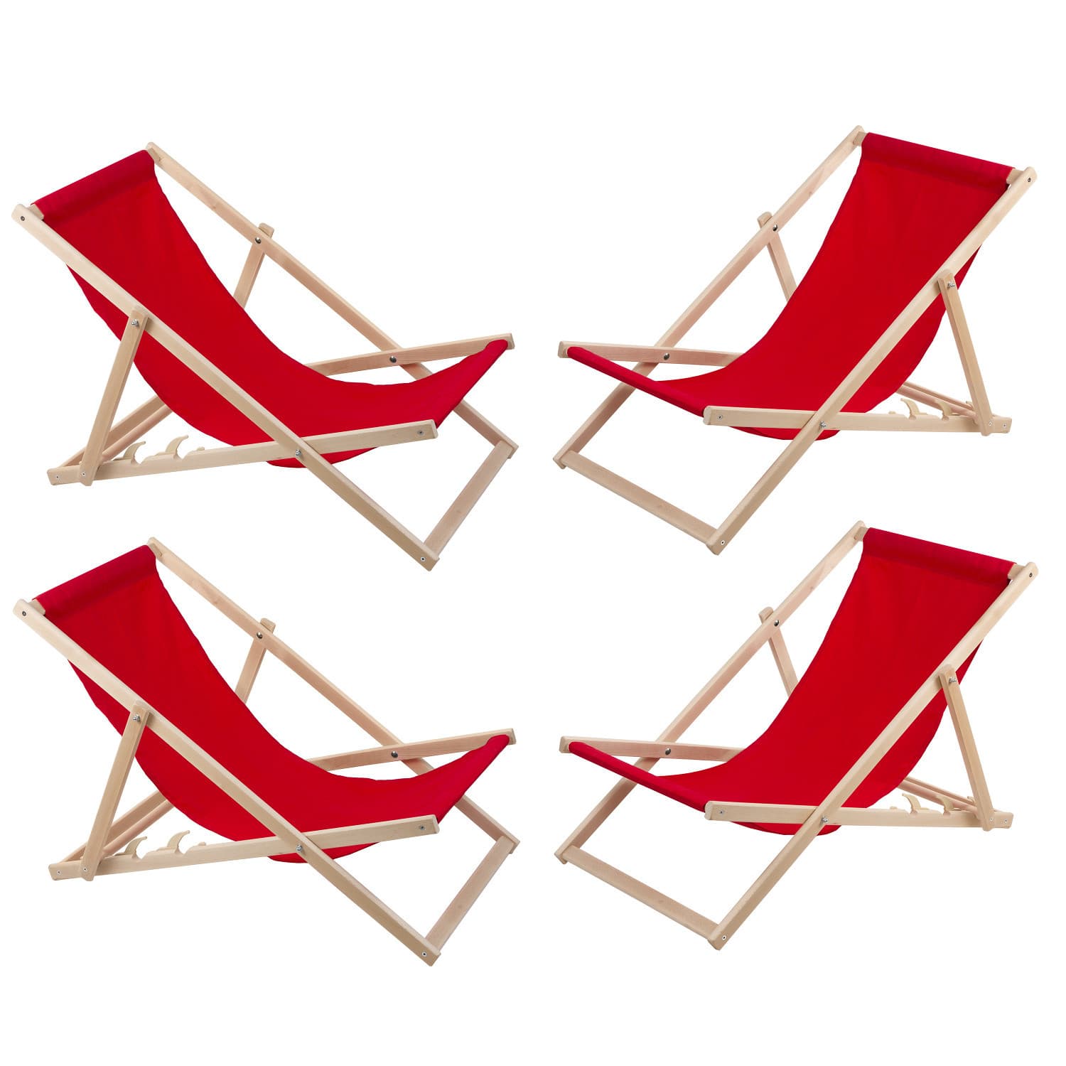 Set 4x WOODOK Rdečih Ležalnikov - Bukov Les, Nastavljivo Opr., Montirani