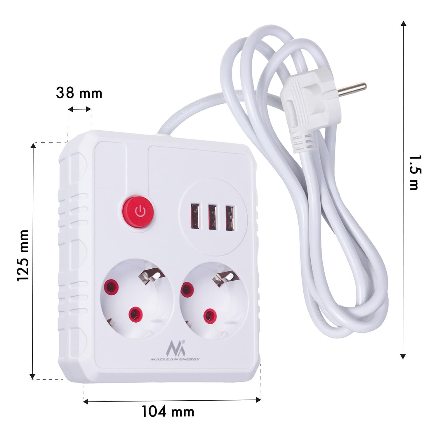 Maclean podaljšek 2x230V + 3xUSB, 1.5m, bela 7