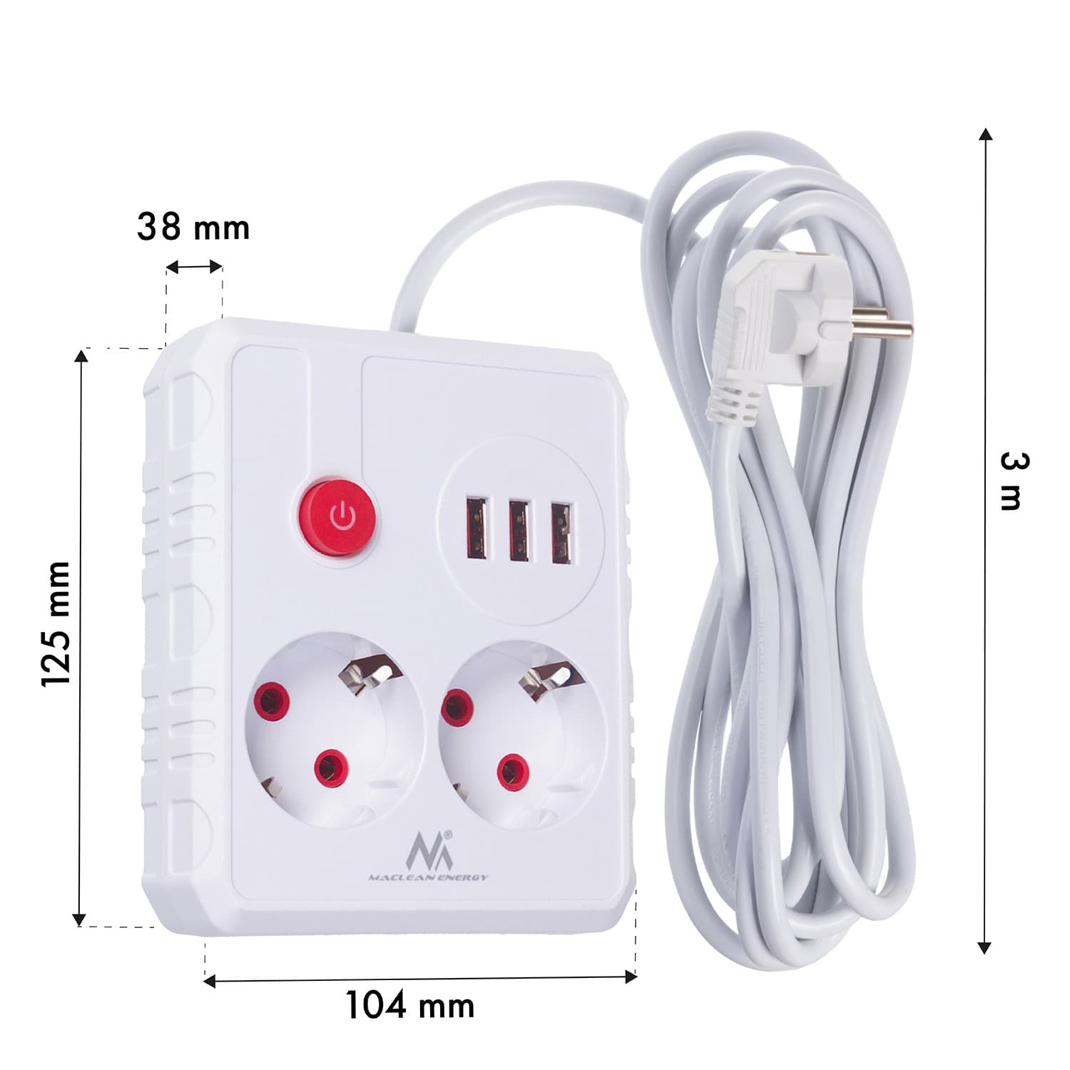 Maclean podaljšek 2x230V + 3xUSB, 3m, bela 7