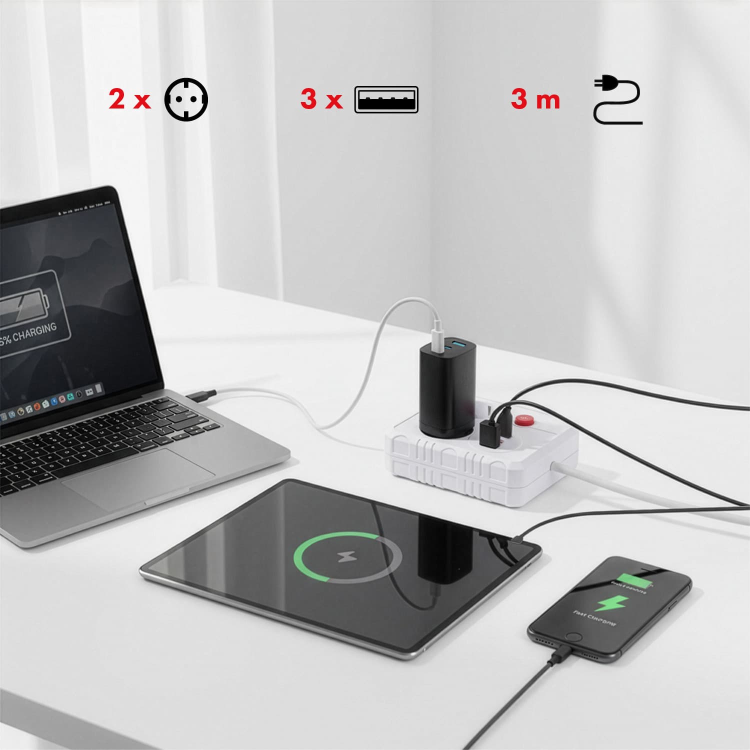 Maclean podaljšek 2x230V + 3xUSB, 3m, bela 8