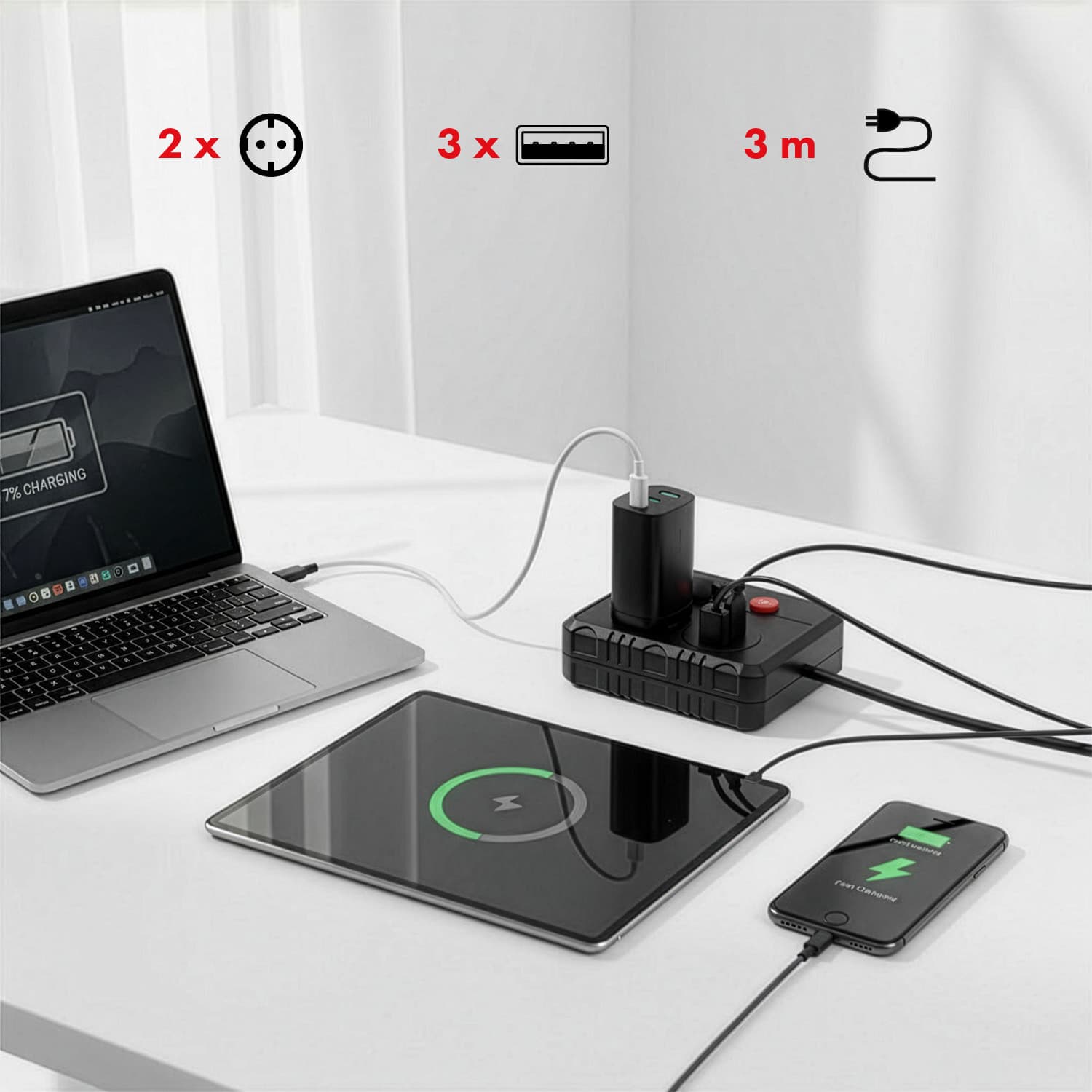 Maclean podaljšek 2x230V + 3xUSB, 3m, črna 8