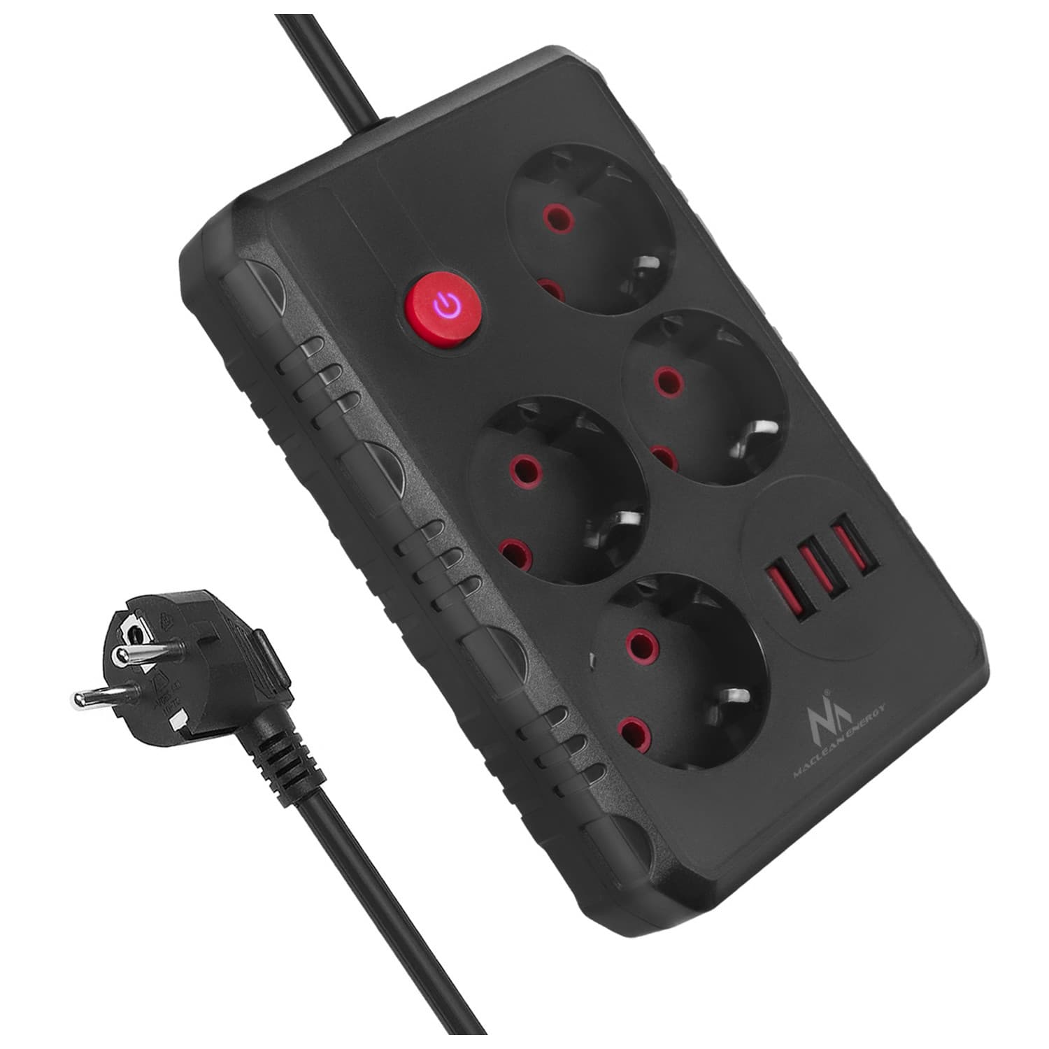 Podaljšek Maclean 4 vtičnice + 3xUSB, 1.5m, črn
