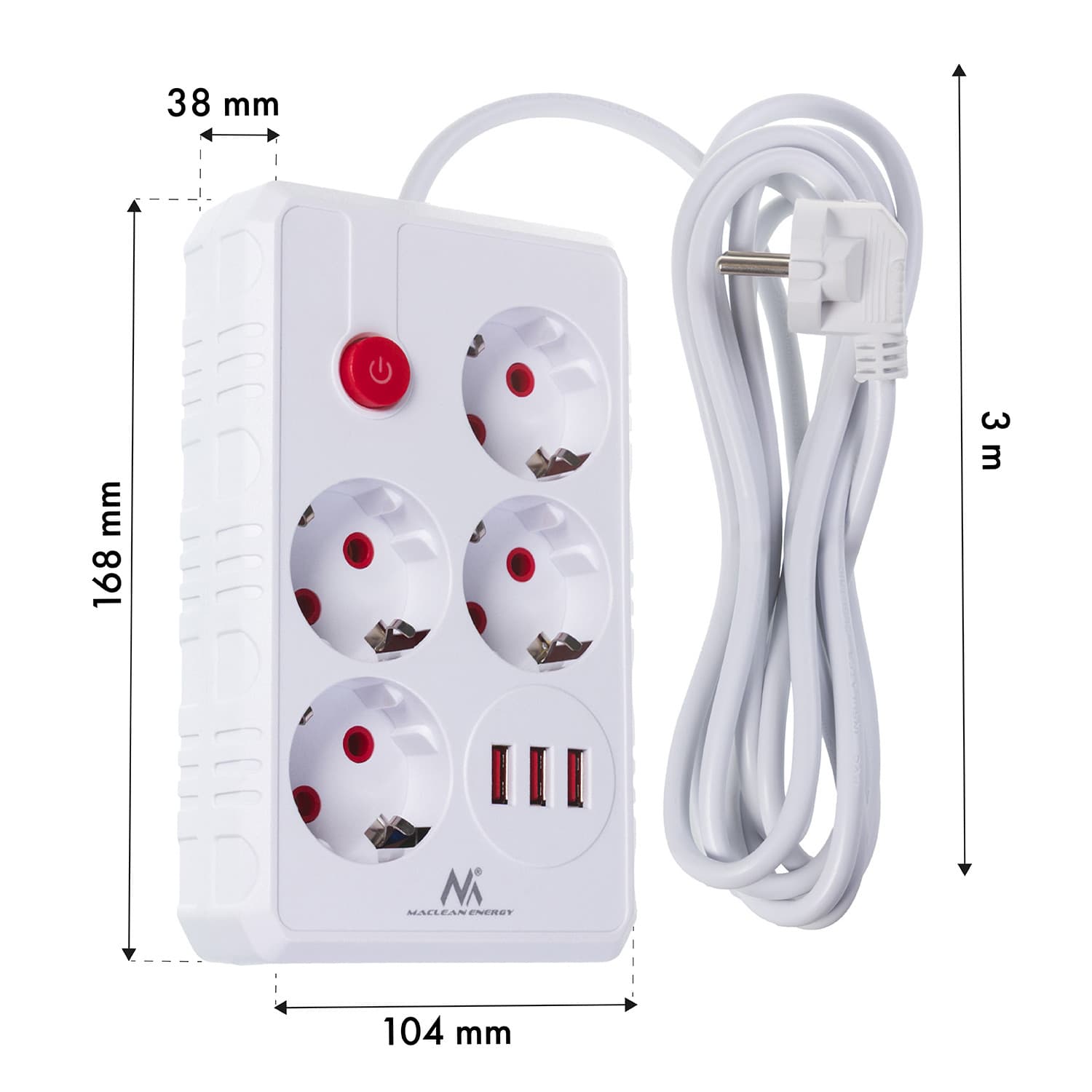 Maclean podaljšek 4x230V + 3xUSB, 3m, bela 7