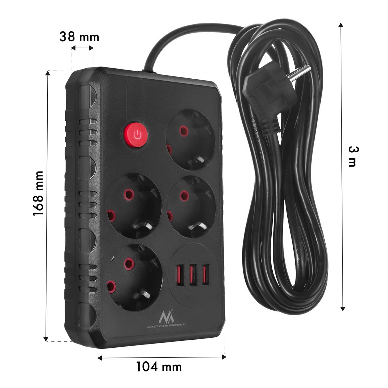 Maclean podaljšek 4x230V + 3xUSB, 3m, črna 7
