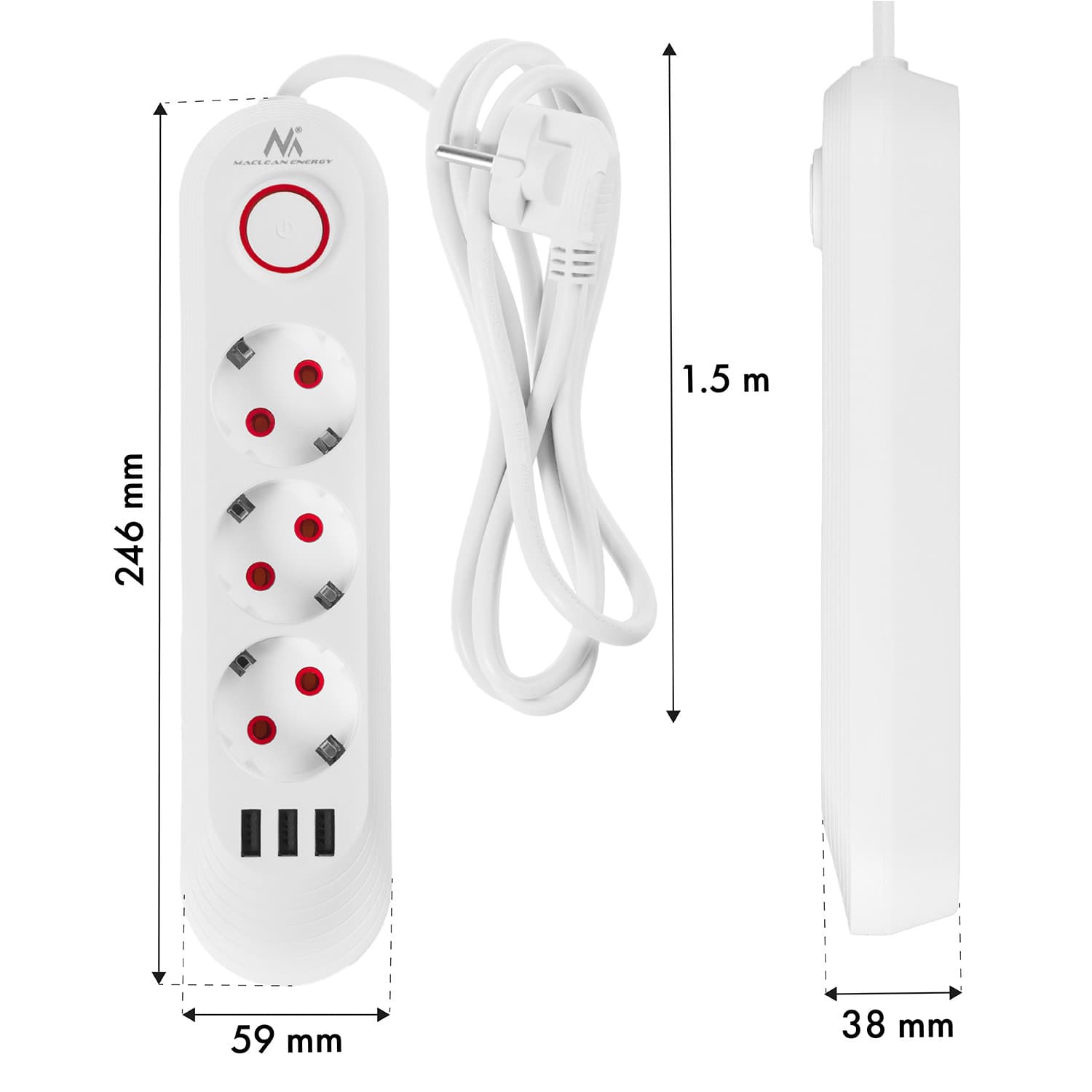 Maclean podaljšek 3x230V + 3xUSB, 1.5m, bela 8