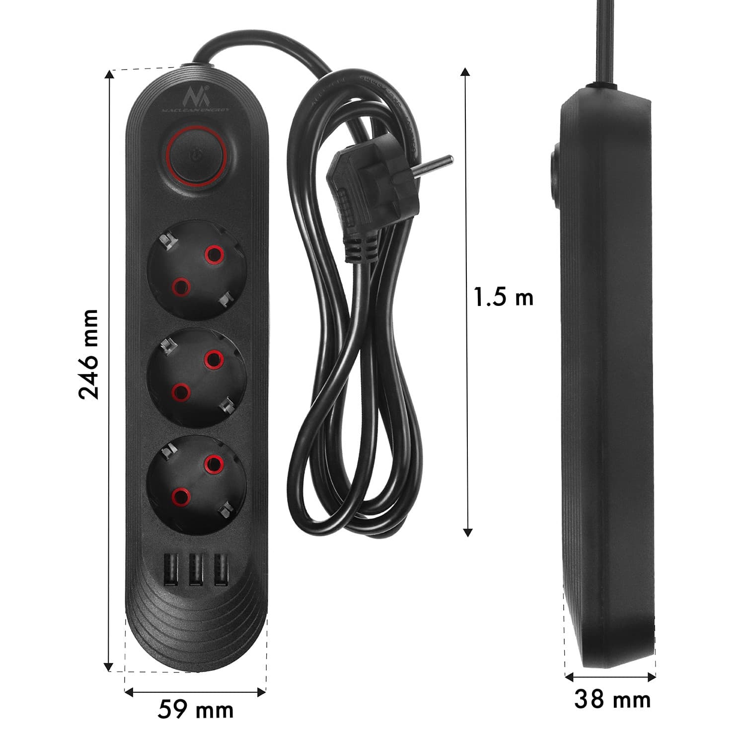 Maclean podaljšek 3x230V + 3xUSB, 1.5m, črna 8