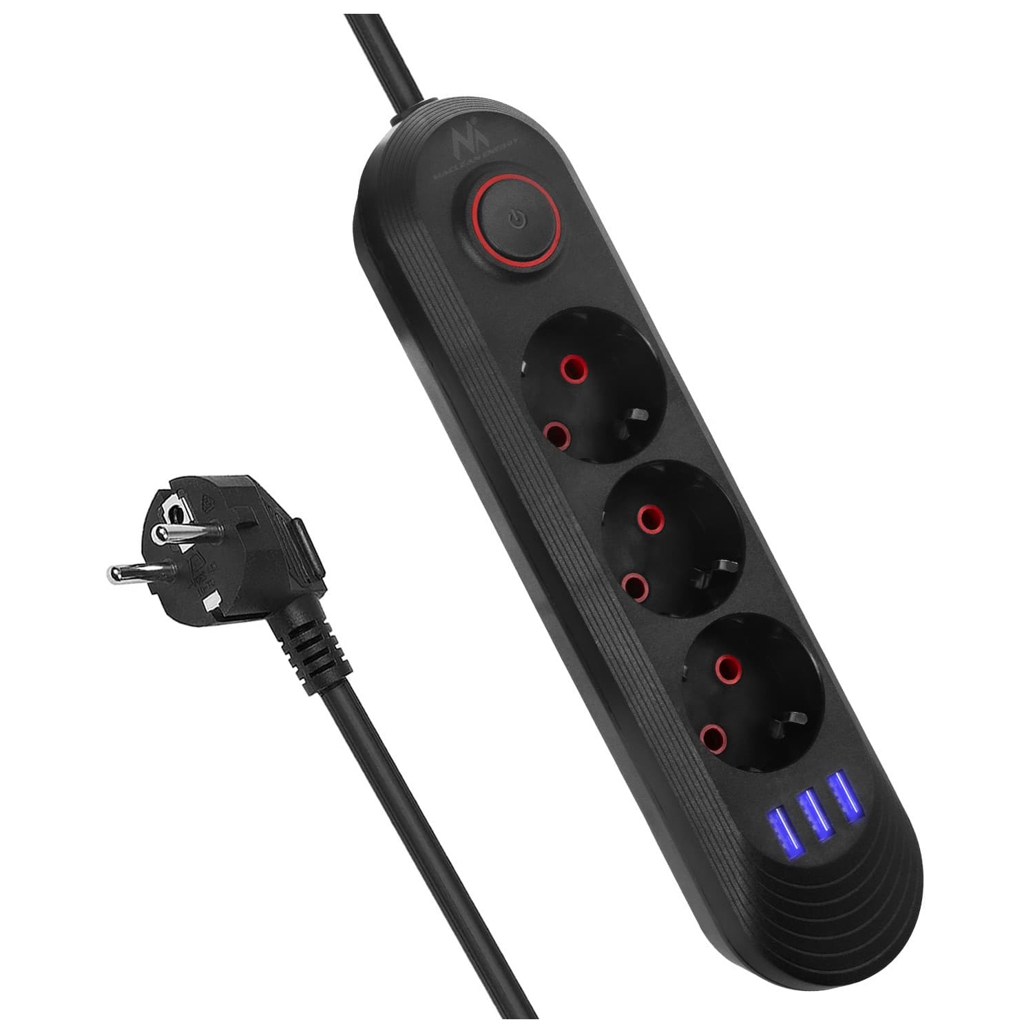 Maclean podaljšek 3x230V + 3xUSB, 1.5m, črna