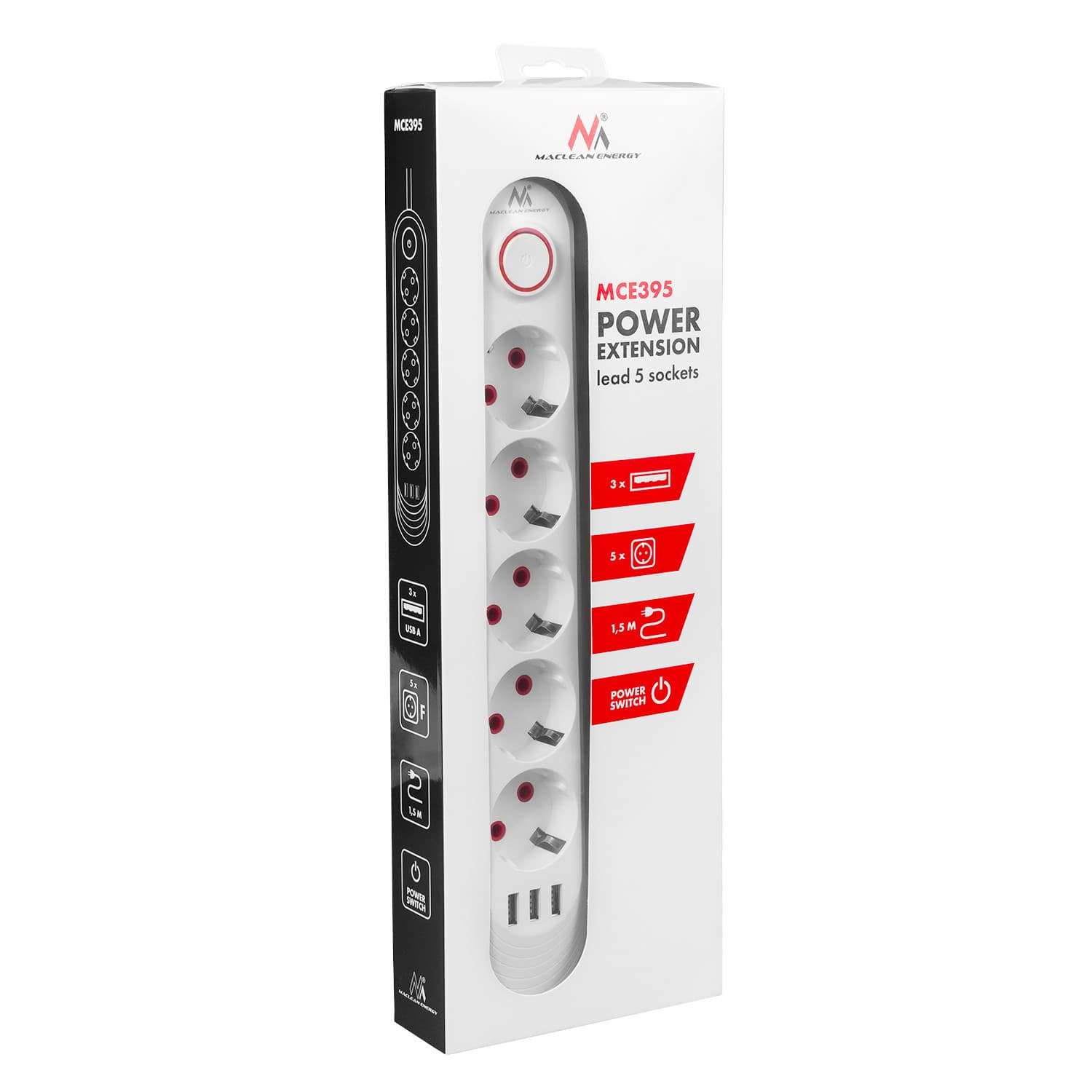 Podaljšek Maclean 5 vtičnic + 3xUSB, 1.5m, bel 7