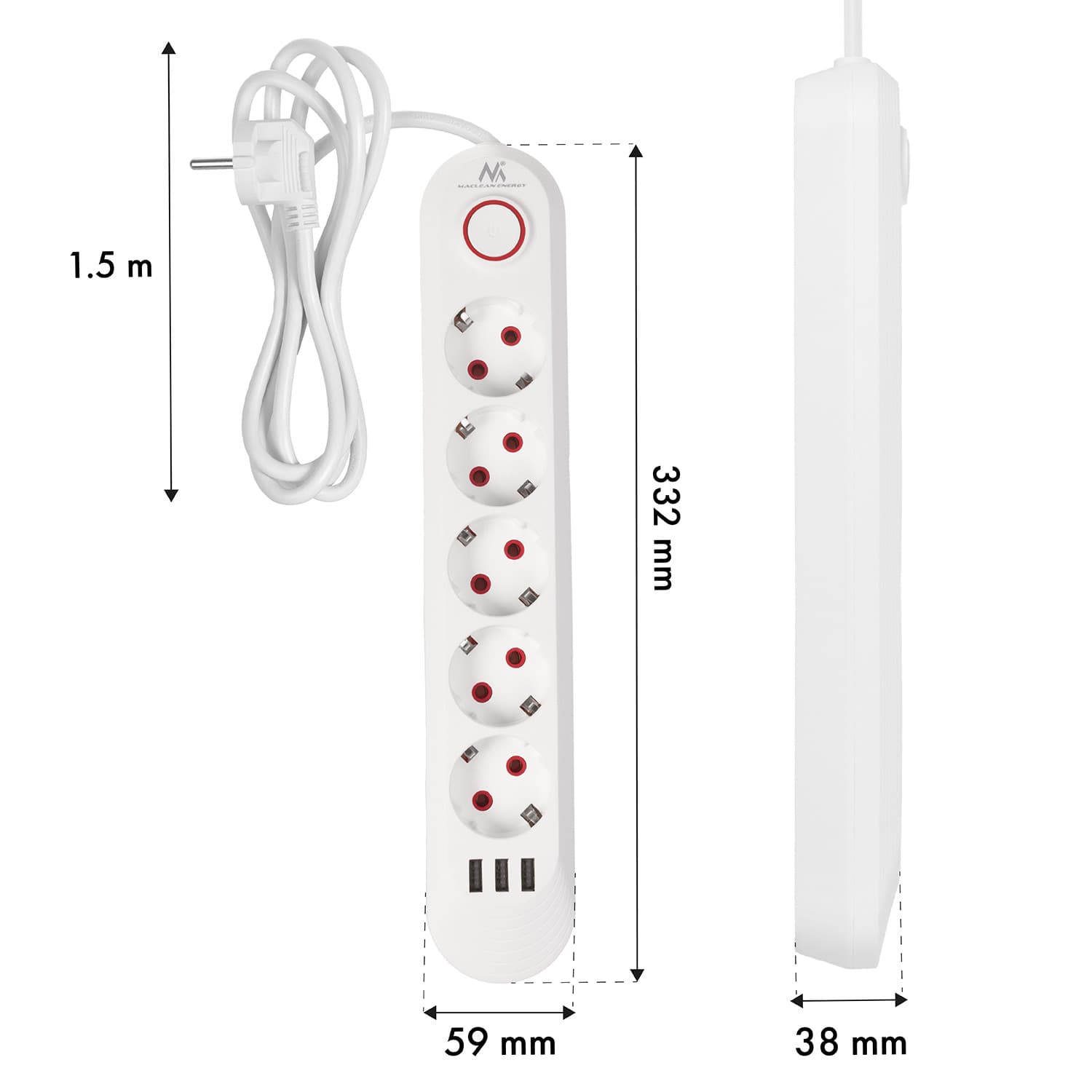 Podaljšek Maclean 5 vtičnic + 3xUSB, 1.5m, bel 8
