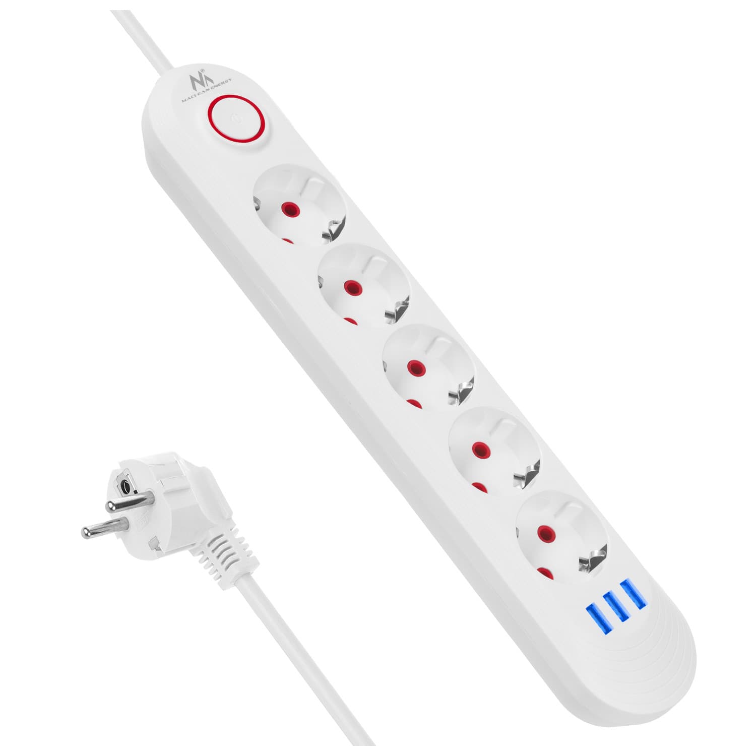 Podaljšek Maclean 5 vtičnic + 3xUSB, 1.5m, bel