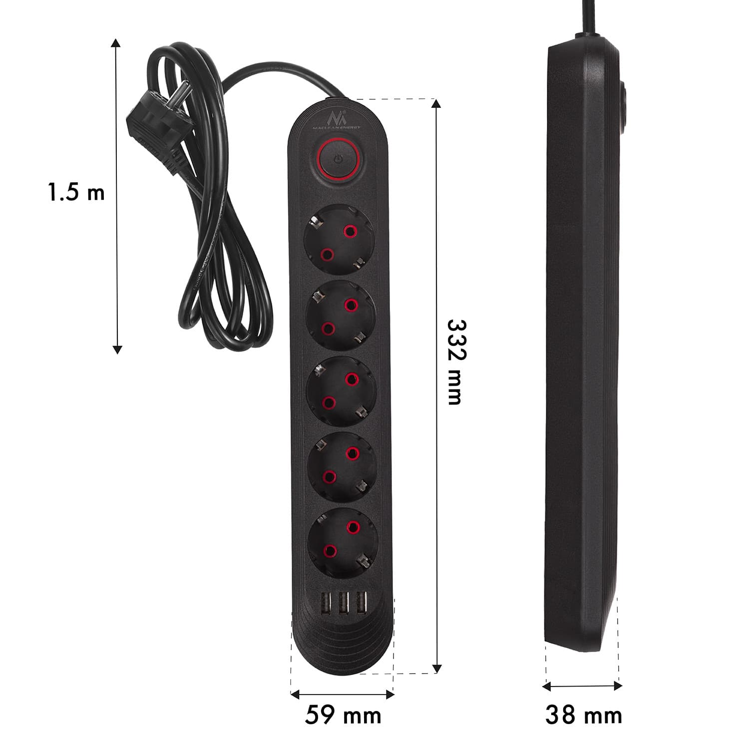 Maclean podaljšek 5x230V + 3xUSB, 1.5m, črna 8