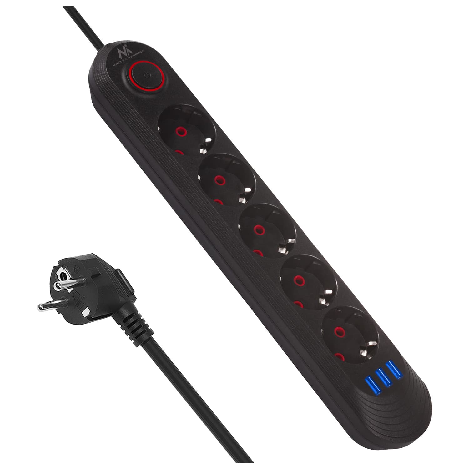 Maclean podaljšek 5x230V + 3xUSB, 1.5m, črna
