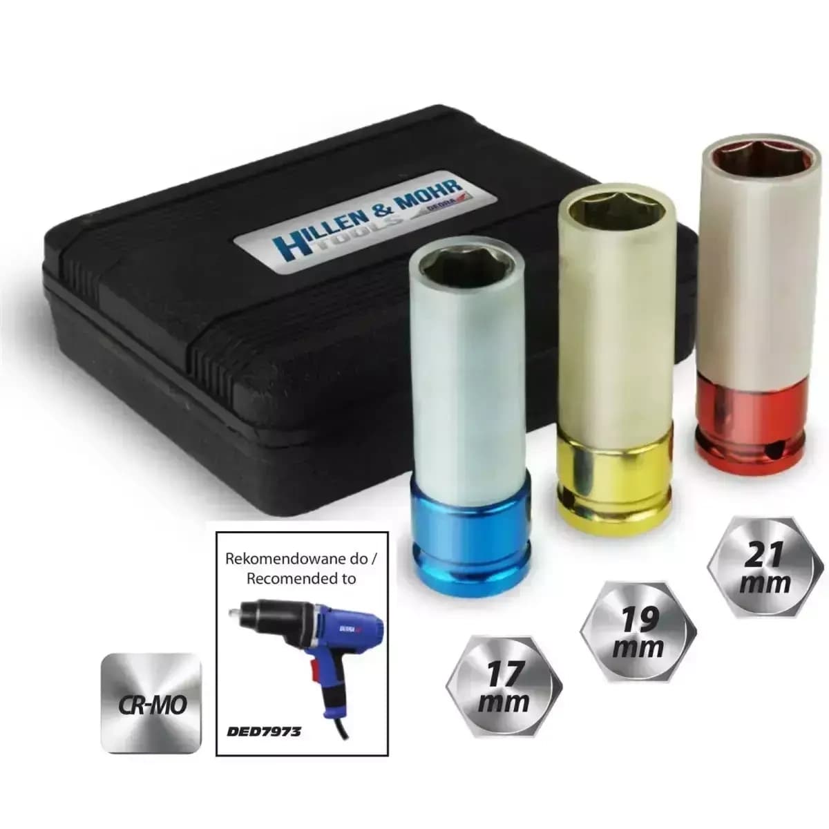 Nasadki udarne za alu platišča Dedra, komplet 1/2", 17/19/21mm, 85mm