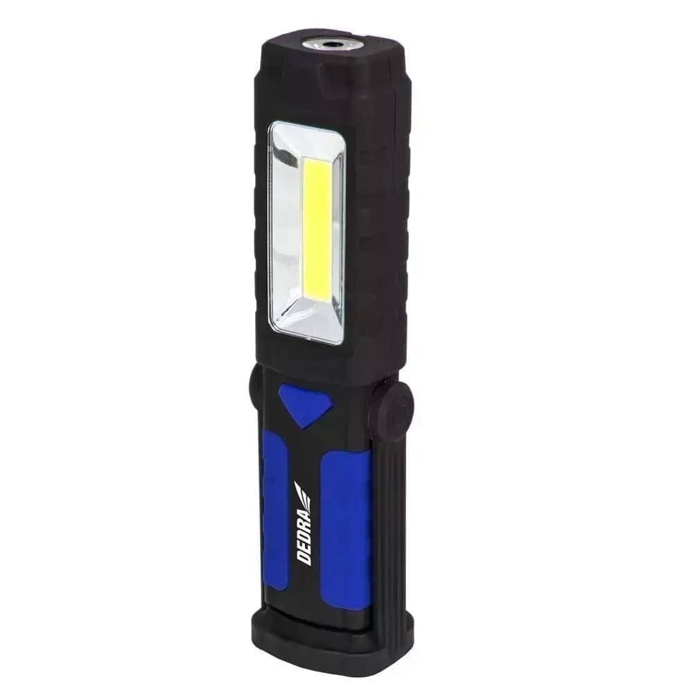 Ročna LED svetilka Dedra 3W COB + 1W LED, 200lm, s stojalom, z baterijami