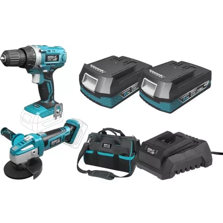 Dedra SAS+ALL 18V set: vrtalnik, kotni brusilnik, 2x baterija 2.0Ah, polnilec, torba
