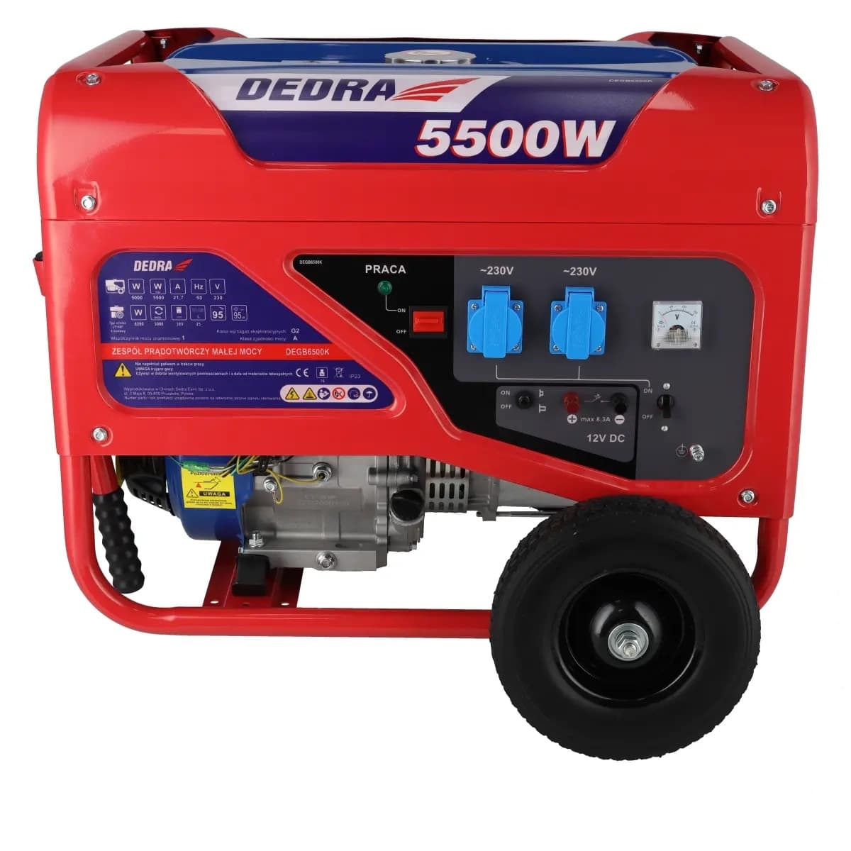 Agregat/generator Dedra DEGB6500K, 5.0kW, 2x230V, 1x12V, kolesa