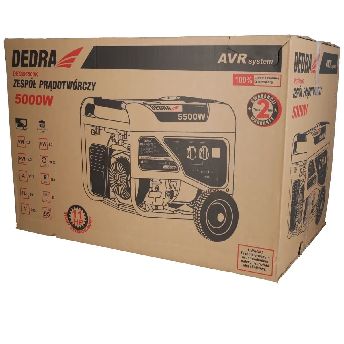 Agregat/generator Dedra DEGB6500K, 5.0kW, 2x230V, 1x12V, kolesa 4