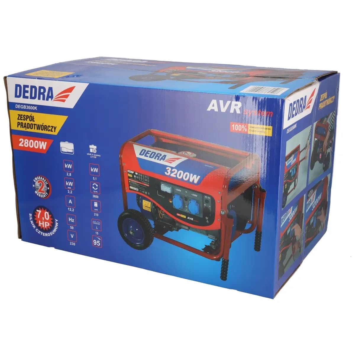 Agregat/generator Dedra DEGB3600K, 2.8kW, 2x230V, 1x12V, kolesa 8