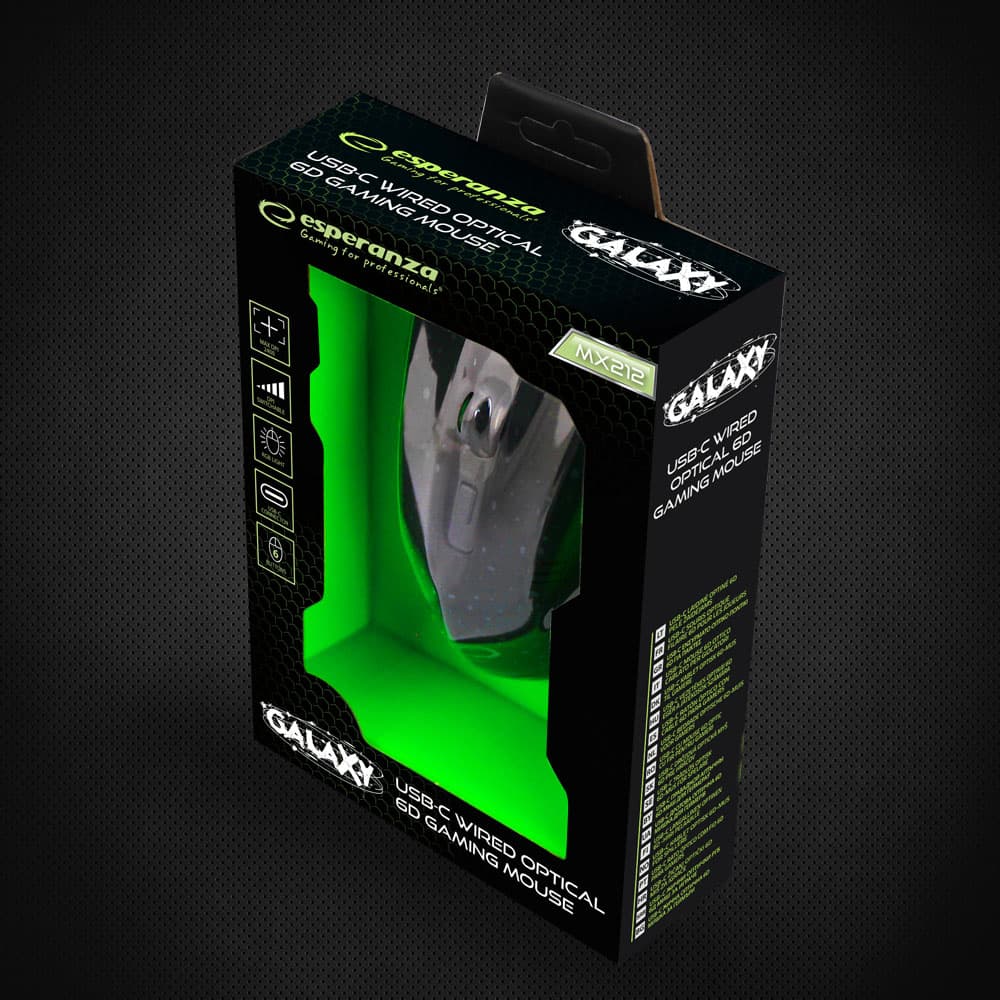 Esperanza EGM212 Gaming miška, žična, LED, 6D optična, USB-C, Galaxy 6