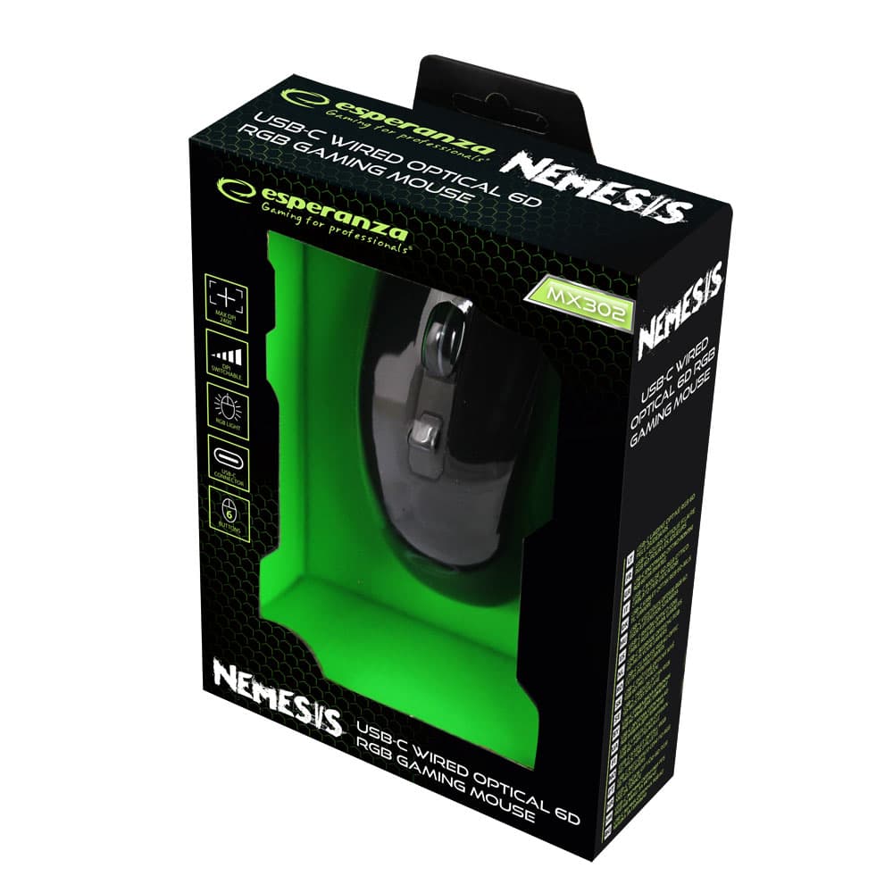 Esperanza EGM302 Gaming miška, žična, LED RGB, 6D optična, USB-C, Nemesis 4