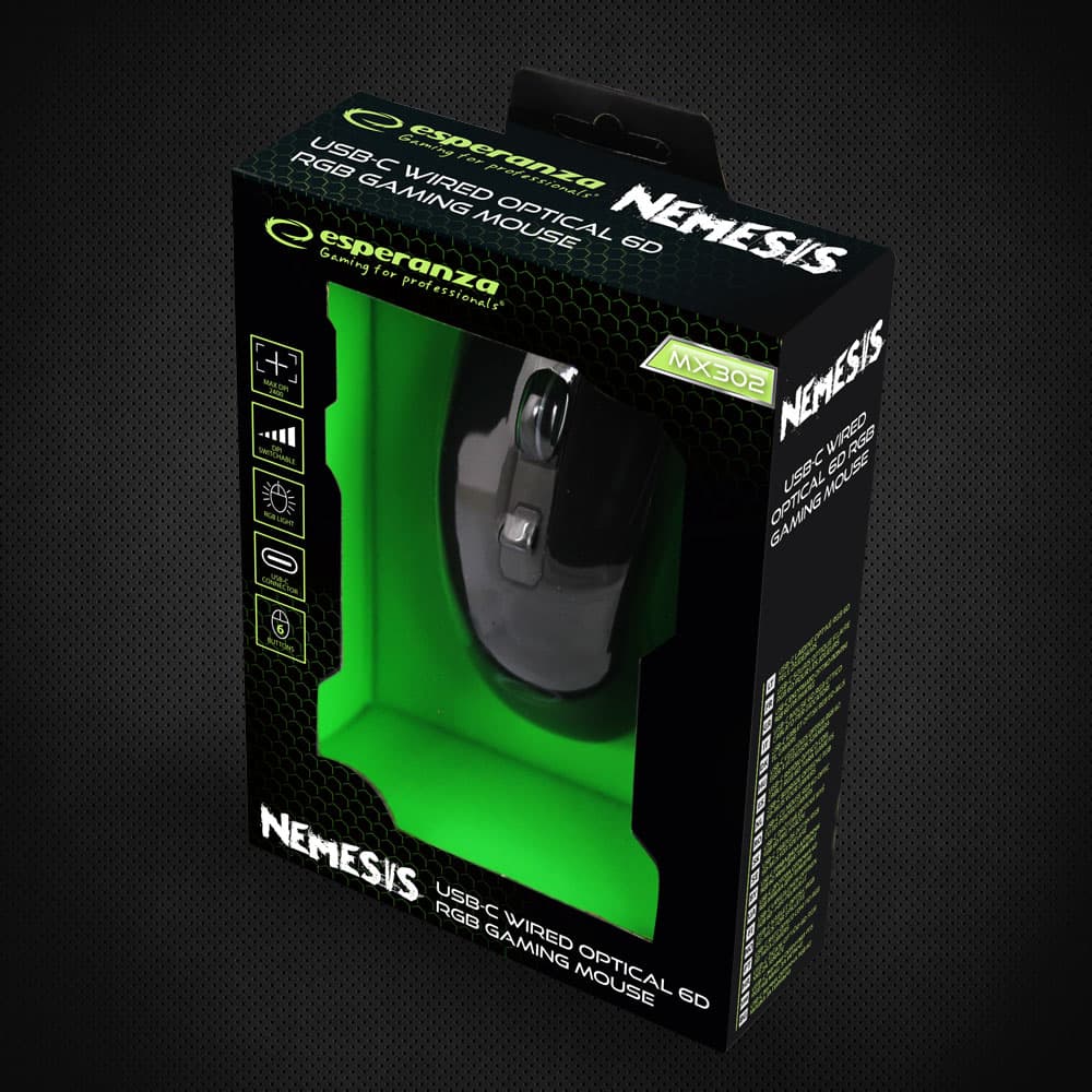 Esperanza EGM302 Gaming miška, žična, LED RGB, 6D optična, USB-C, Nemesis 8