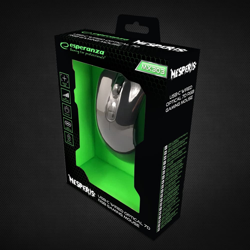 Esperanza EGM303 Gaming miška, žična, LED RGB, 7D optična, USB-C, Hesperis 8