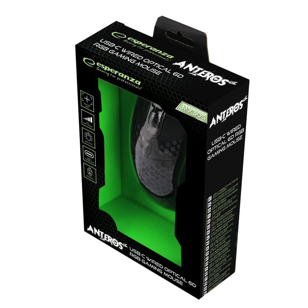 Esperanza EGM305 Gaming miška, žična, LED RGB, 6D optična, USB-C, Anteros 4
