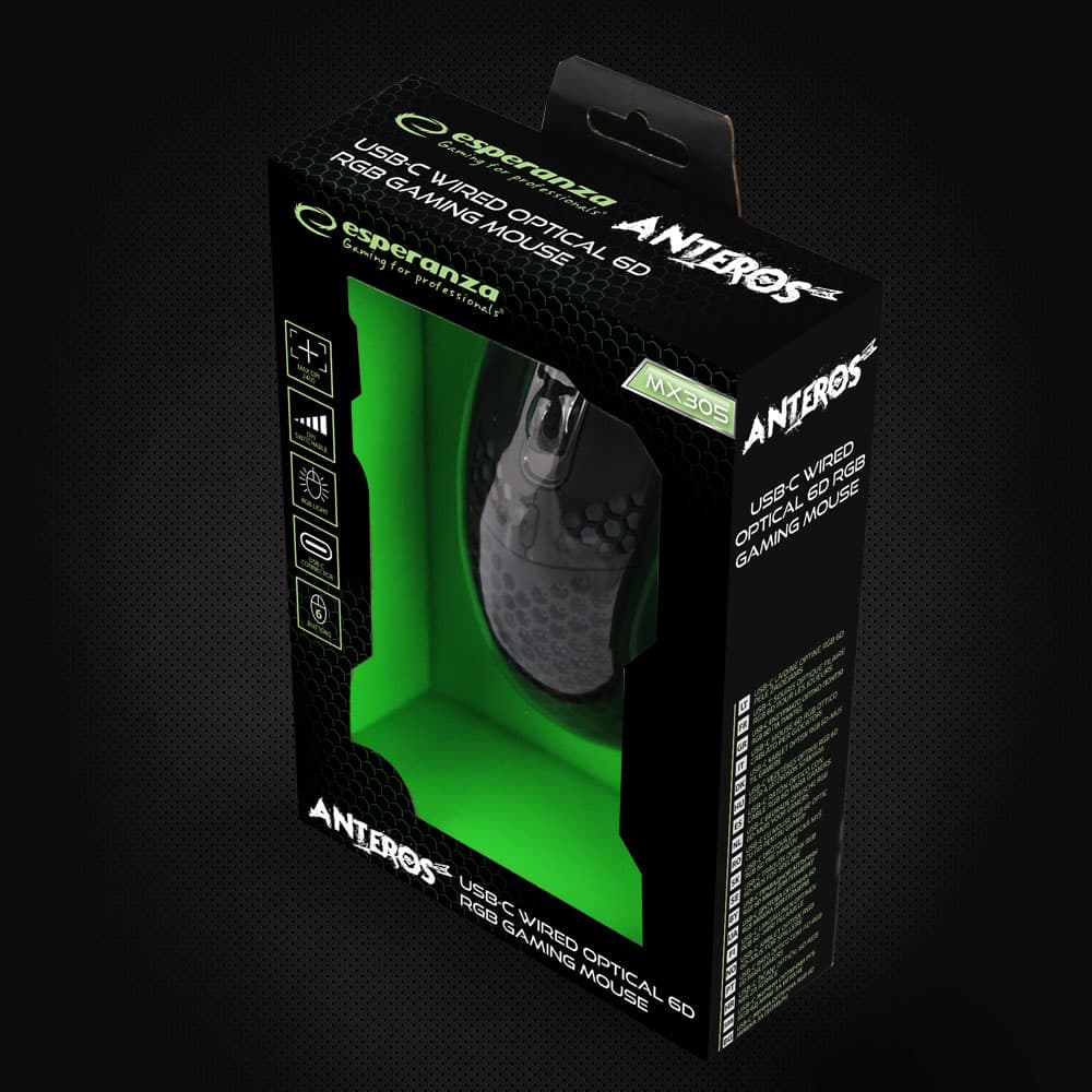 Esperanza EGM305 Gaming miška, žična, LED RGB, 6D optična, USB-C, Anteros 8